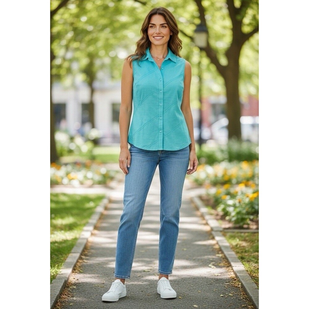 90s Vintage Saint Tropez West Turquoise Silk Chevron Stitched Blouse Medium
